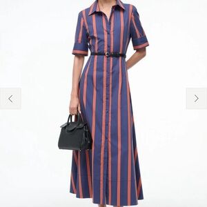 STAUD Navy and Orange Striped Shirt Dress